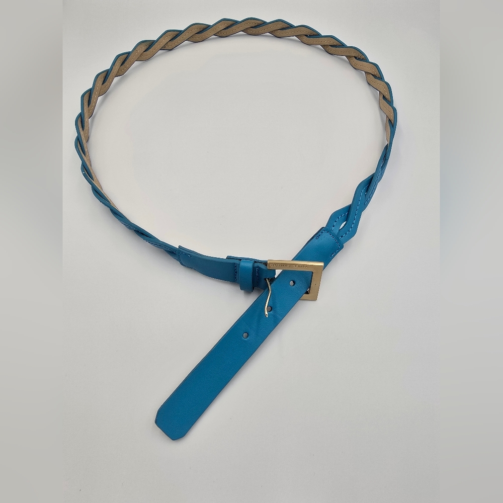 Aqua Blue Vince Camuto Leather XL Braided Thin Belt Summer Spring Pop of Color